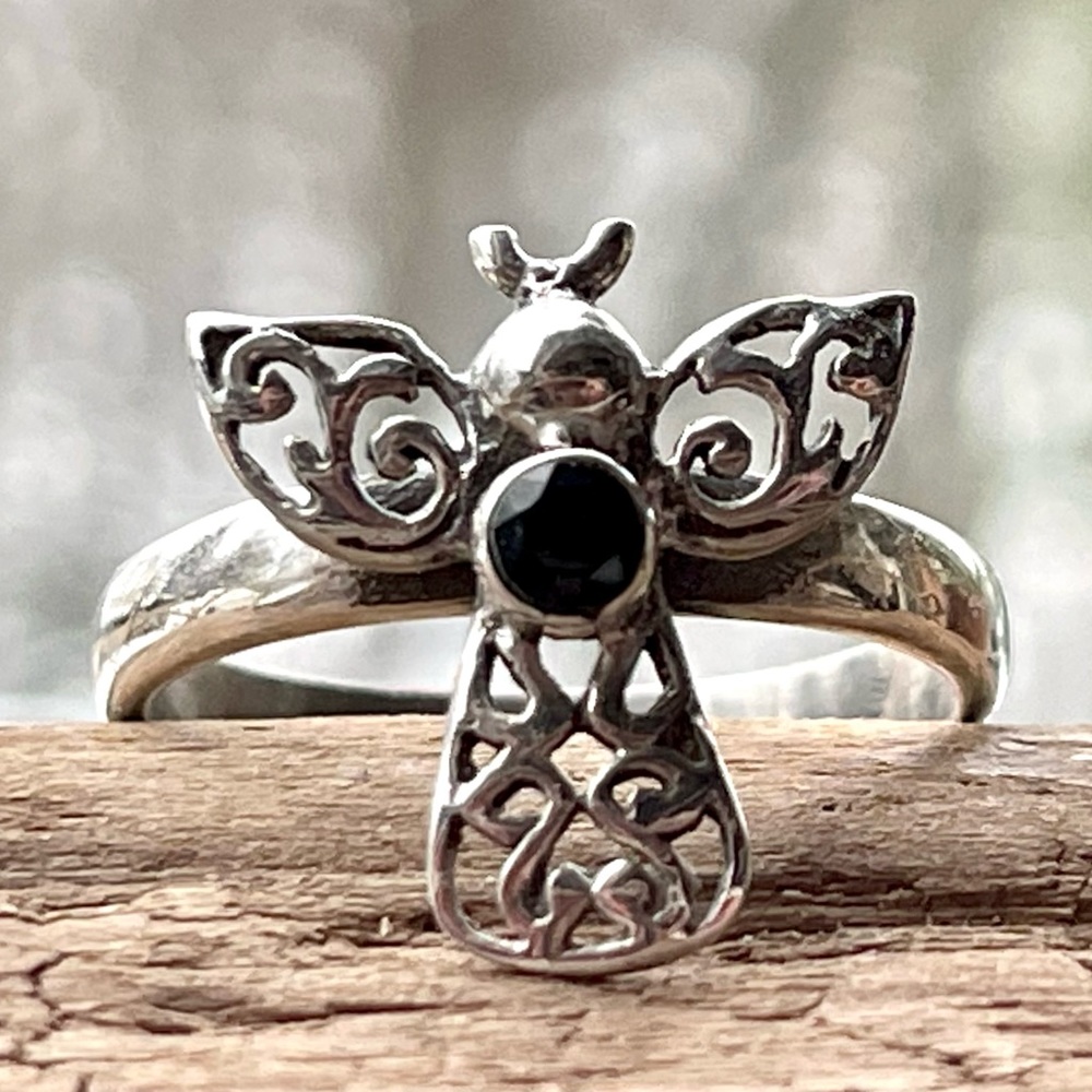 Brazilian Black Onyx Sterling Silver Angel Ring | sz 8